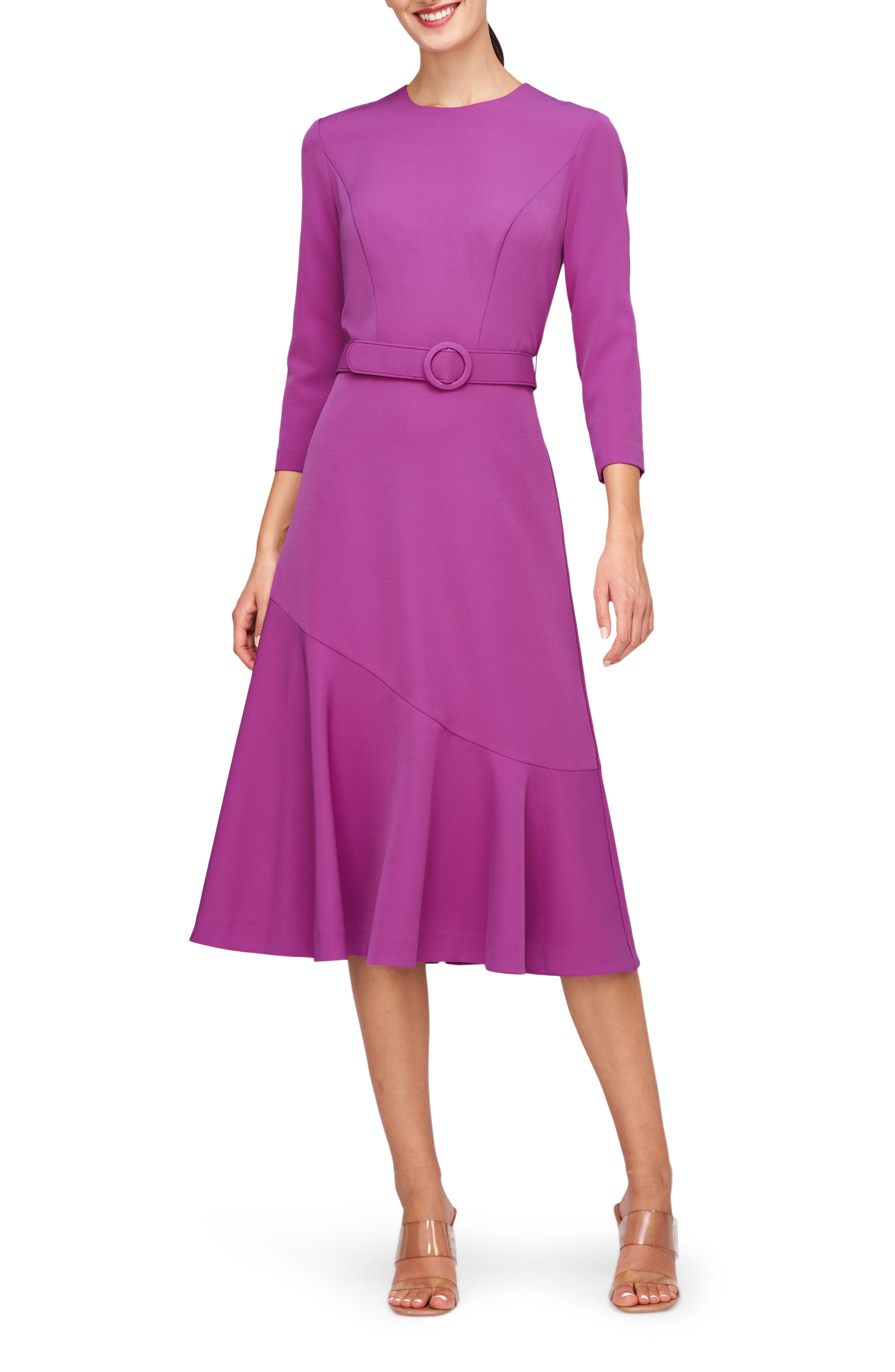 Kay Unger Polly Belted Three-Quarter Sleeve Stretch Midi Dress