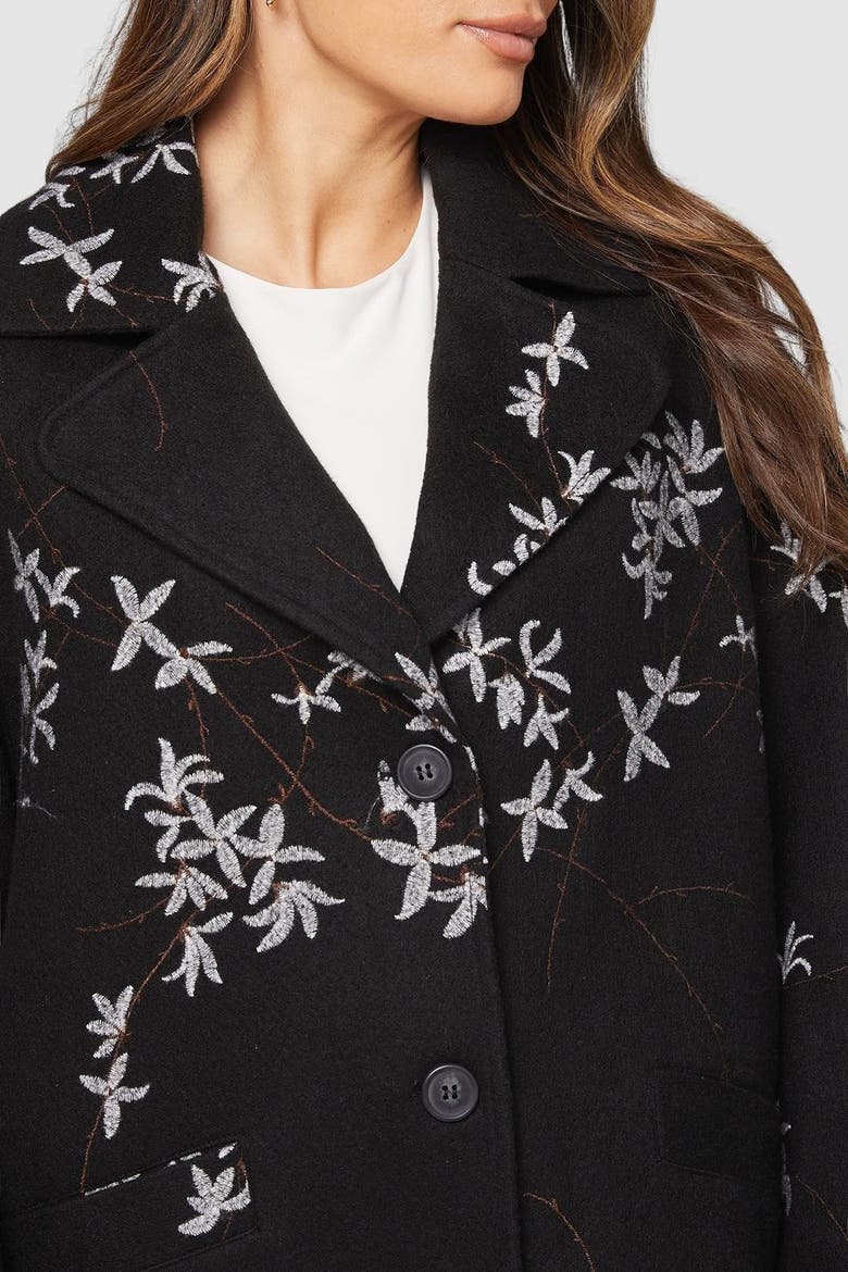 Floral Three Button Collared Coat, Alternate, color, Black