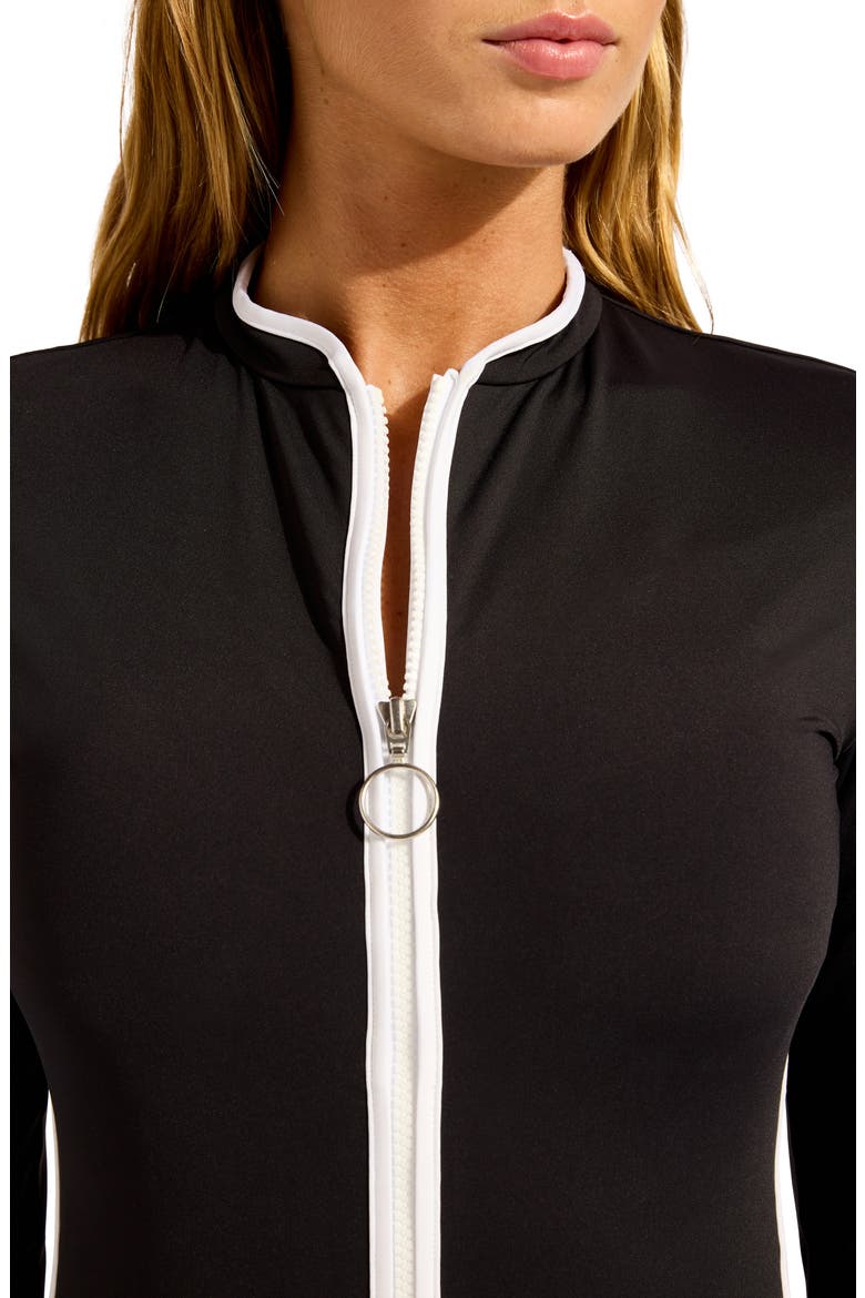 Contrast Binding Long Sleeve One-Piece Rashguard Swimsuit, Alternate, color, BLACK
