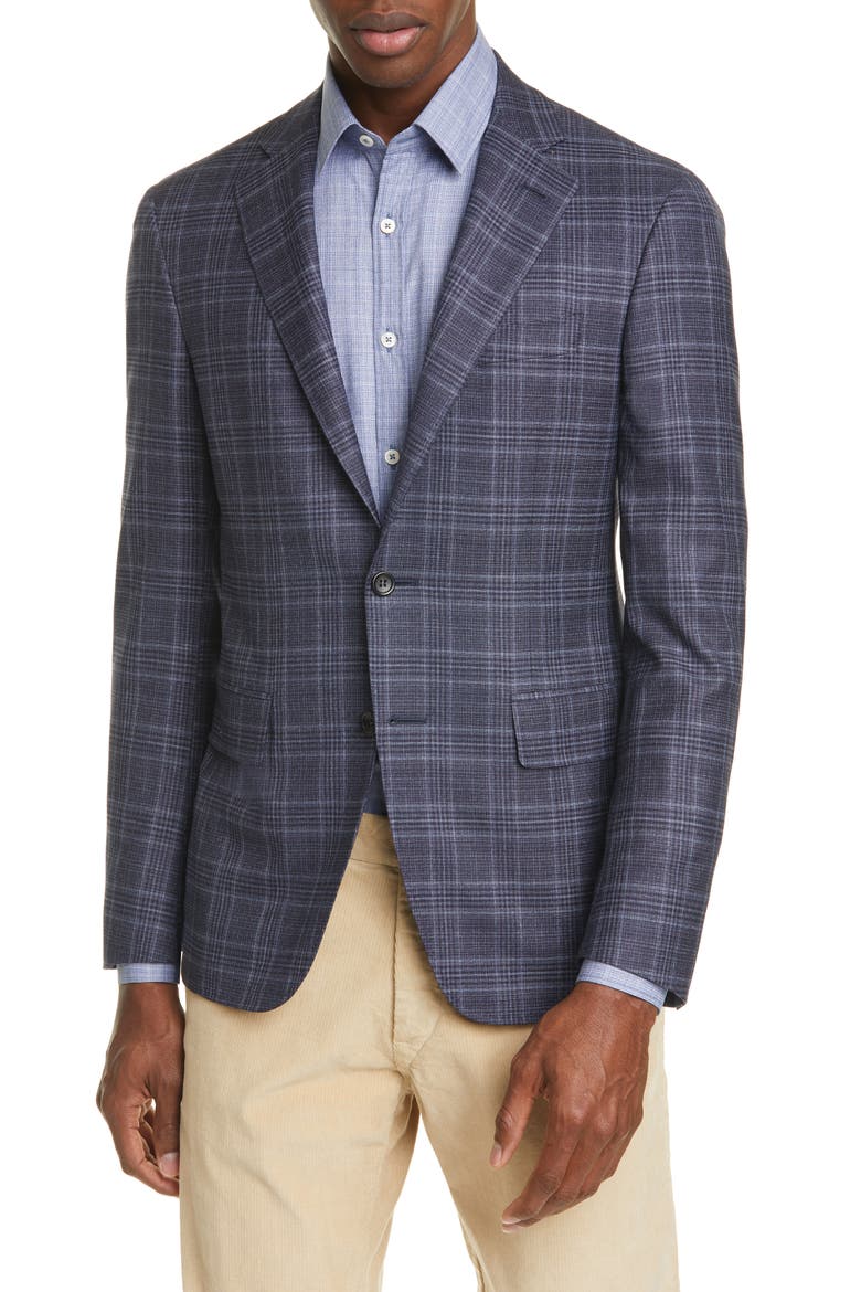 Kei Trim Fit Stretch Plaid Wool Sport Coat, Main, color, NAVY