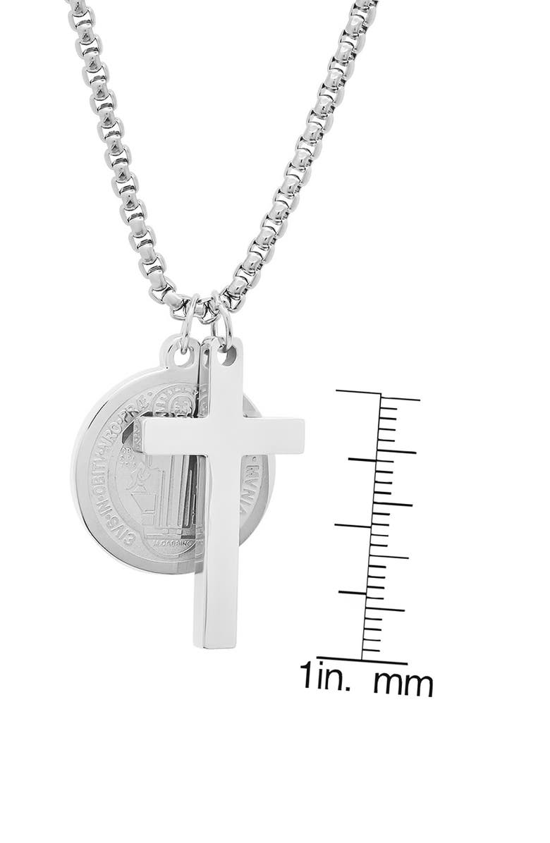 HMY JEWELRY Men's Stainless Steel Cross & Saint Pendant Necklace, Alternate, color, Silver