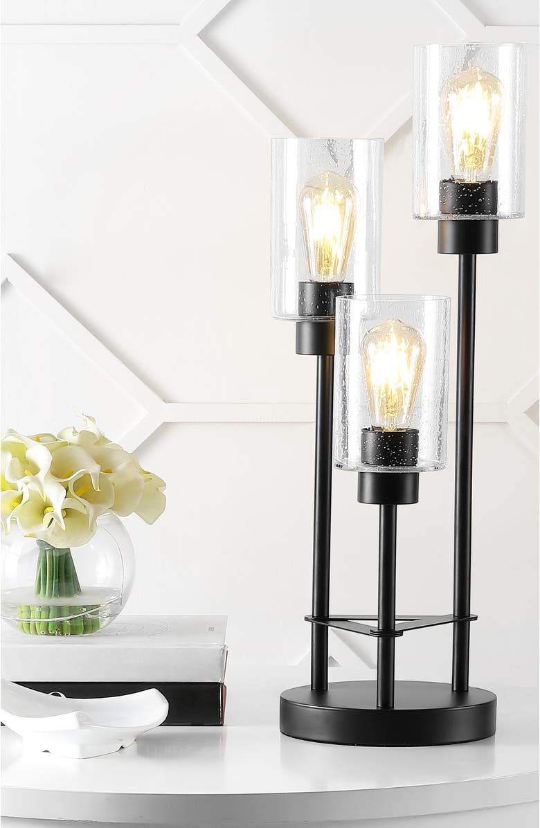 JONATHAN Y Axel Modern 20.5" 3-Light Iron/Seeded Glass Modern Industrial LED Table Lamp, Black, Alternate, color, Black