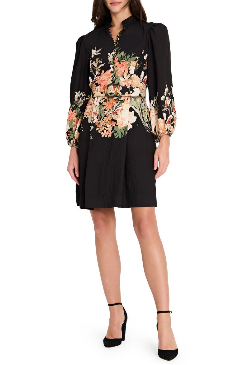 Border Belted Puff Shoulder Dress, Main, color, BLACK MULTI