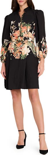 Border Belted Puff Shoulder Dress