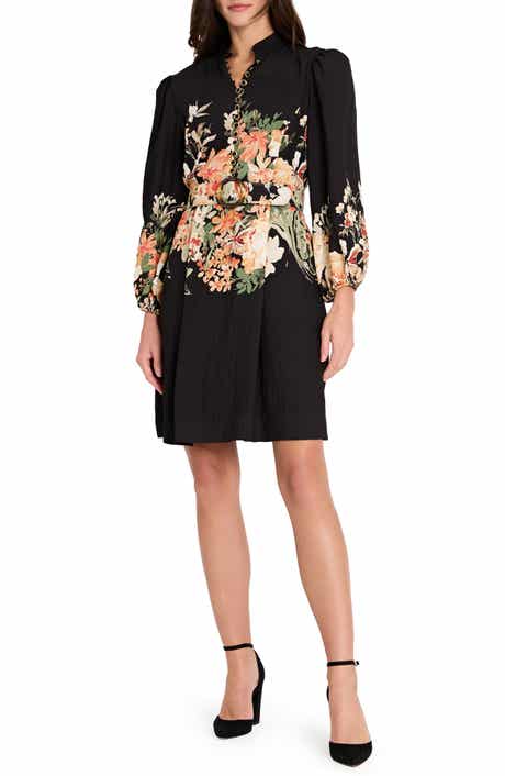 Tahari ASL Border Belted Puff Shoulder Dress