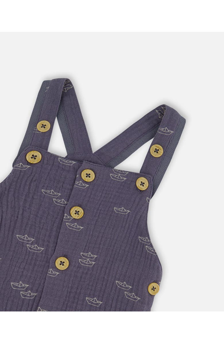 Deux par Deux Baby Boy's Printed Organic Cotton Bodysuit And Muslin Shortall Set Navy Blue Paper Boats, Alternate, color,