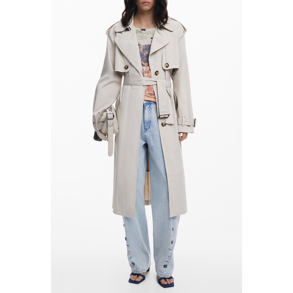 Desigual Belted Trench Coat In Gray