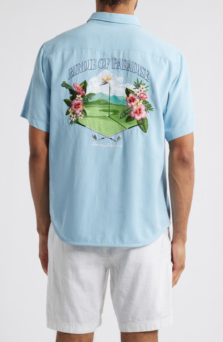 Tommy Bahama Birdie of Paradise Short Sleeve Silk Graphic Button-Up Shirt, Alternate, color, Blue Jay