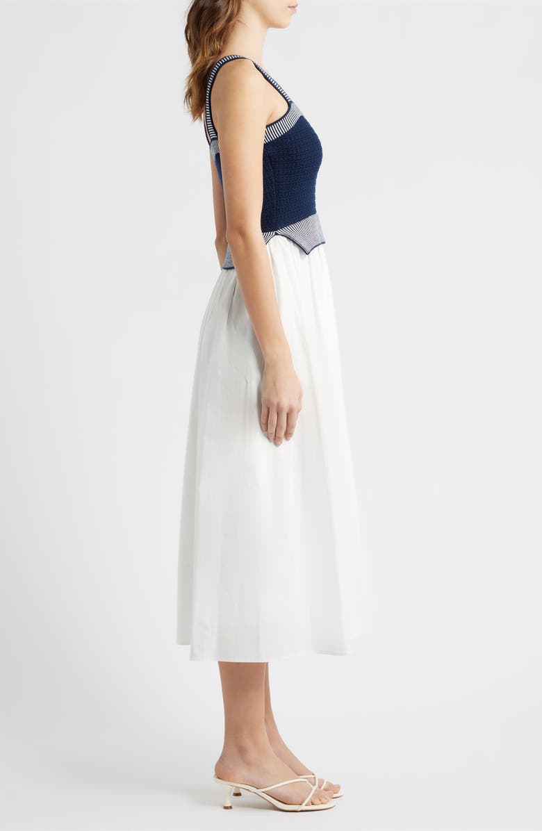 MOON RIVER Crochet Top Mixed Media Midi Dress, Alternate, color, Navy/ Off White