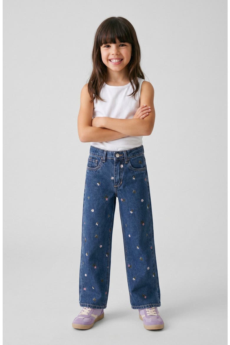 Kids' Mia Embroidered Floral Wide Leg Jeans, Alternate, color, DK WASH