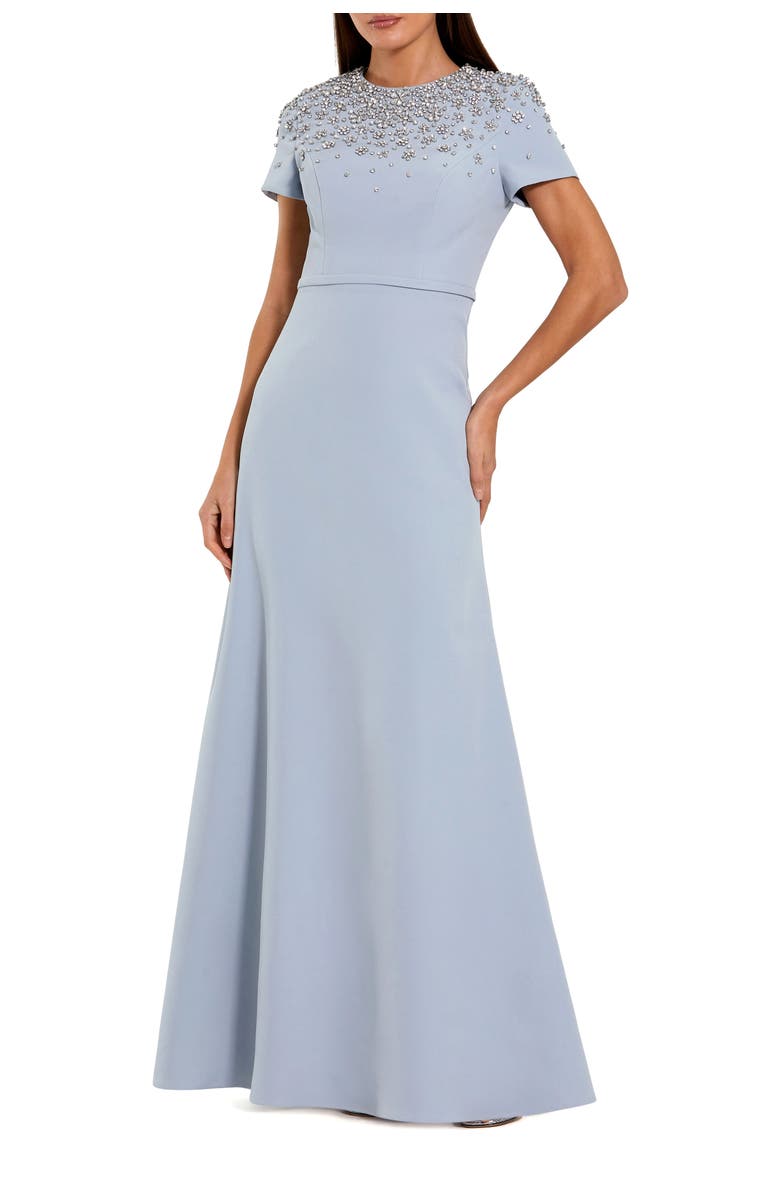 Mac Duggal Short Sleeve Beaded High Neck Crepe Gown, Main, color, Powder Blue