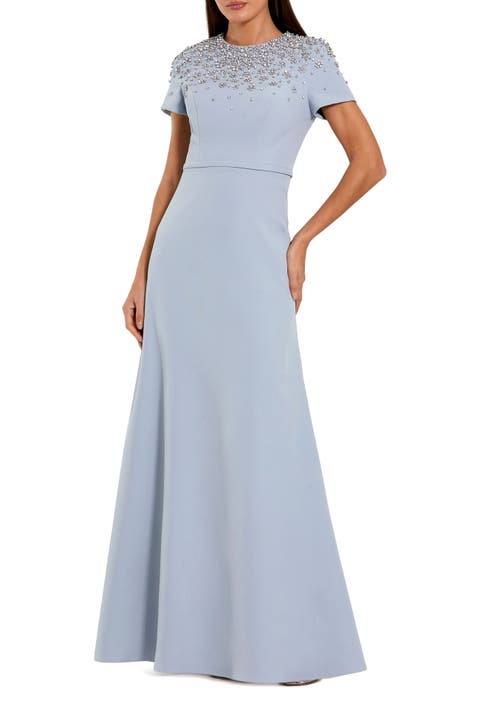 Short Sleeve Beaded High Neck Crepe Gown