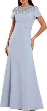 Mac Duggal Short Sleeve Beaded High Neck Crepe Gown