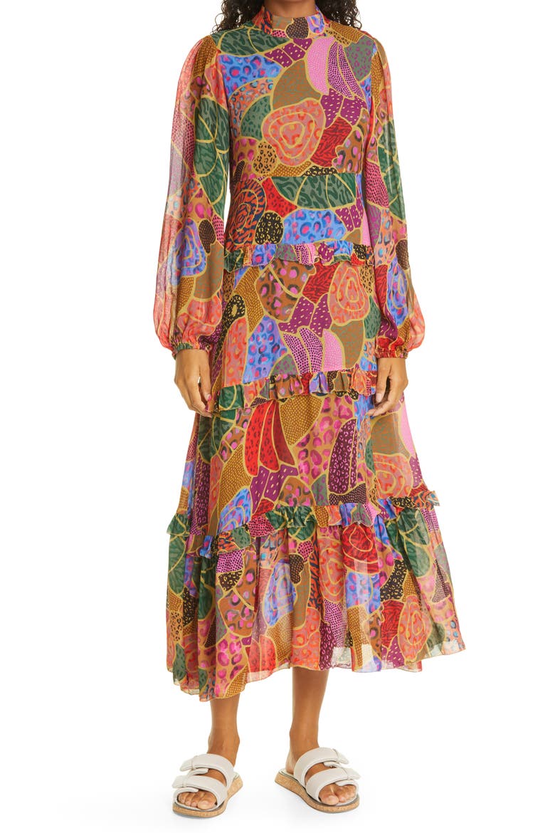 Hidden Animals Mock Neck Long Sleeve Tiered Dress, Main, color, HIDDEN ANIMALS