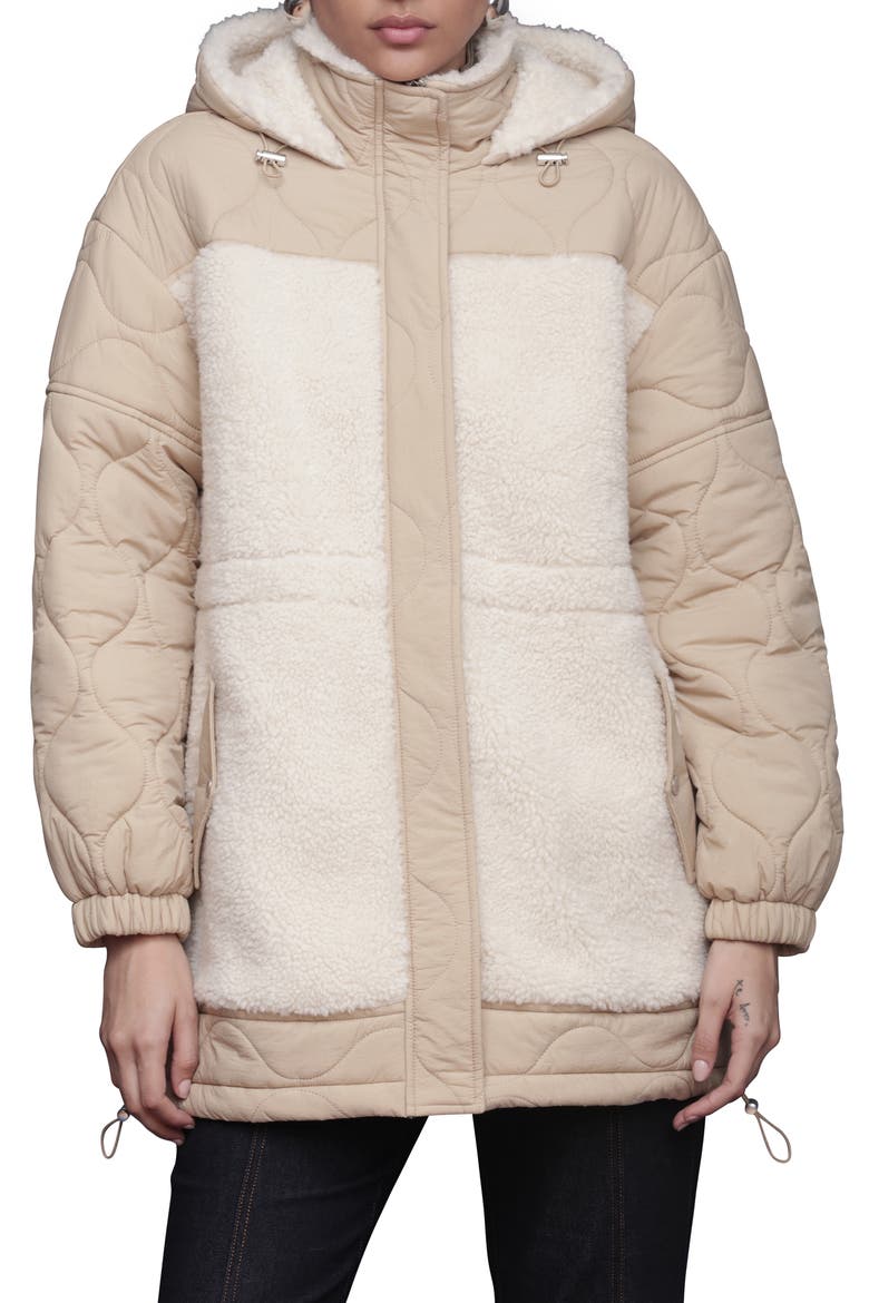 Hooded Nylon & Faux Shearling Anorak, Main, color, SAND/ BONE