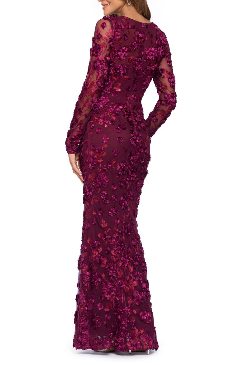 Embroidered Floral Long Sleeve Gown, Alternate, color, WINE
