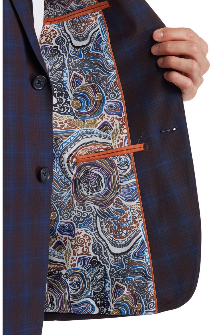 Plaid Two Button Peak Lapel Trim Fit Suit, Alternate, color, BLUE