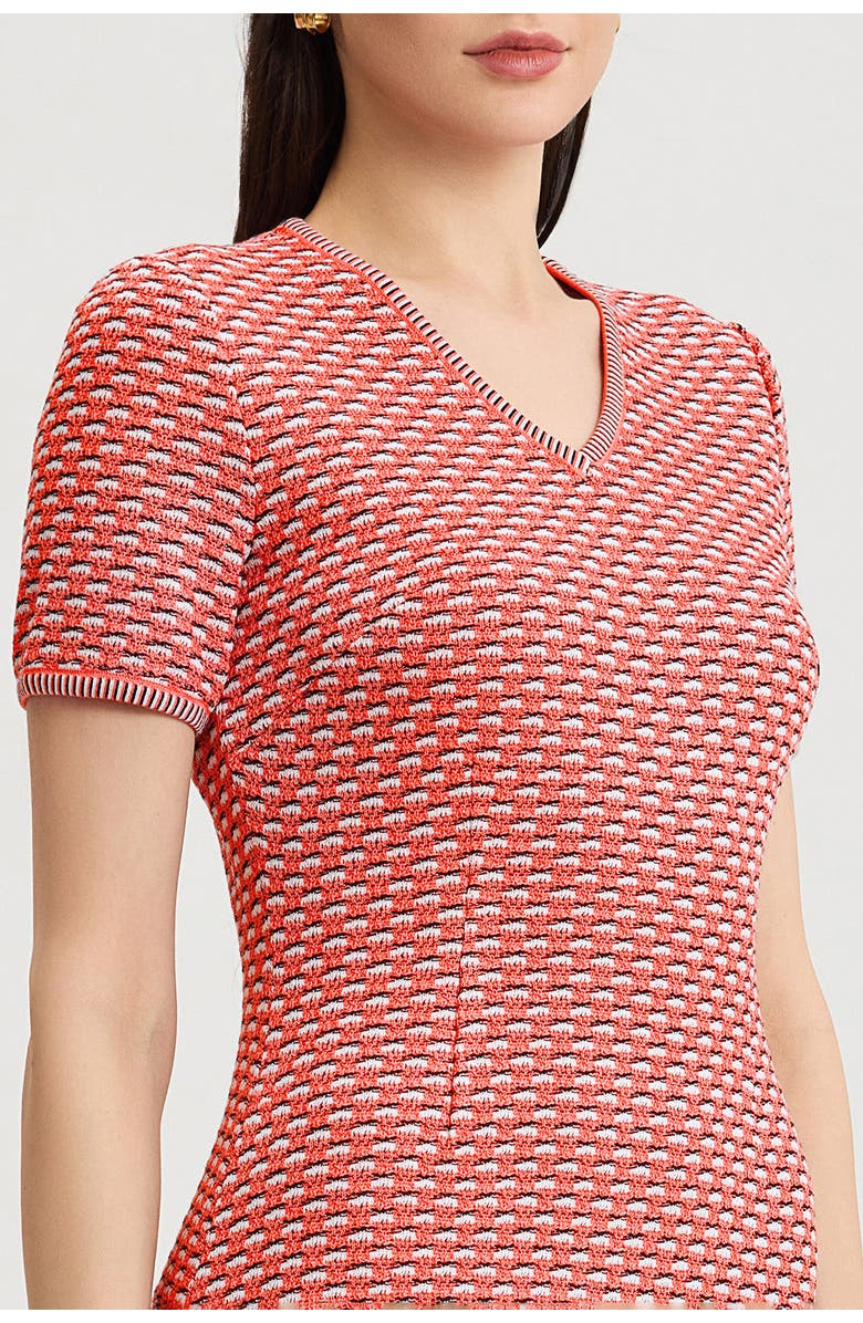 Ming Wang A-Line Textured Multi-Stitch Midi Dress, Alternate, color, Sunkist Coral/White/Indigo