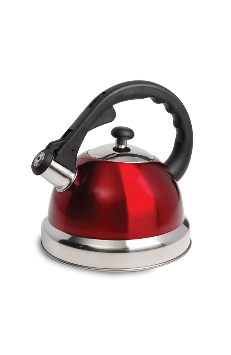 MR COFFEE Claale 2.2 Quart Stainless Steel Whistling Tea Kettle with Nylon Handle, Main, color, Red