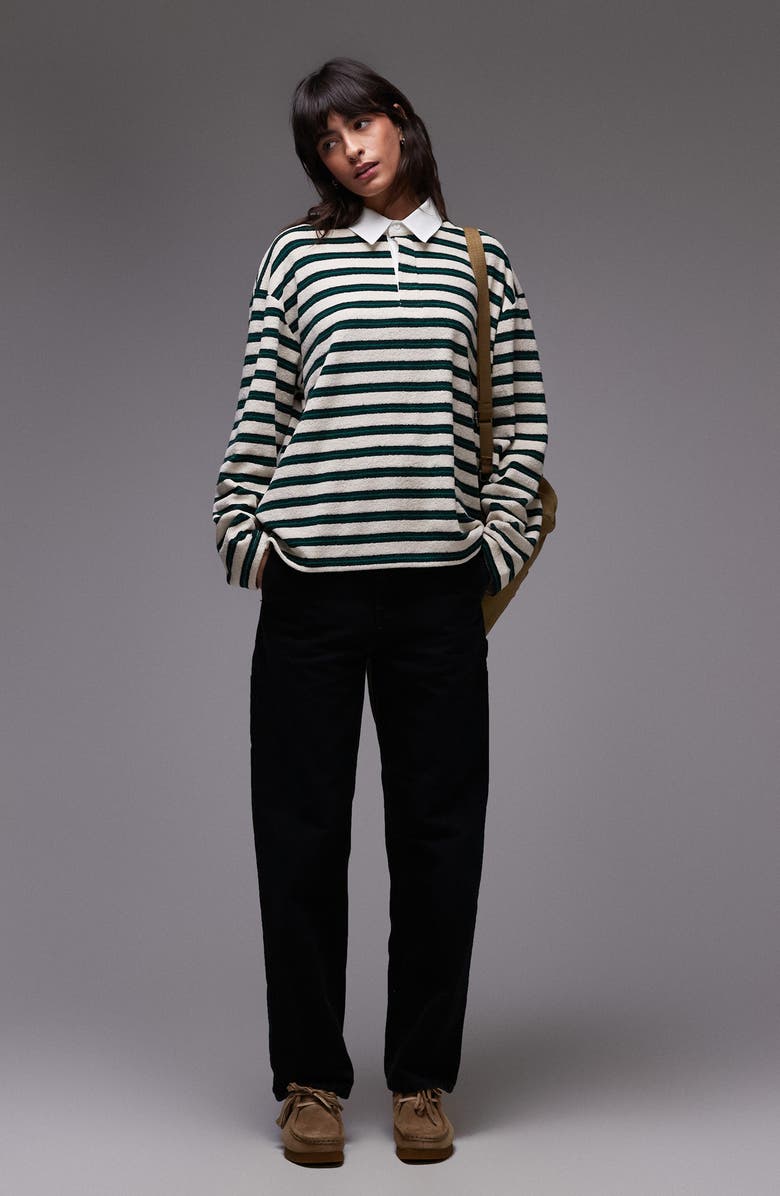 Topshop Stripe Long Sleeve Terry Cloth Polo, Alternate, color,