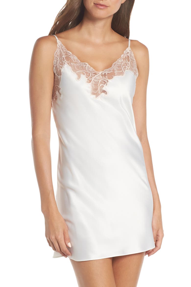 Feather Lace Trim Chemise, Main, color, WARM WHITE