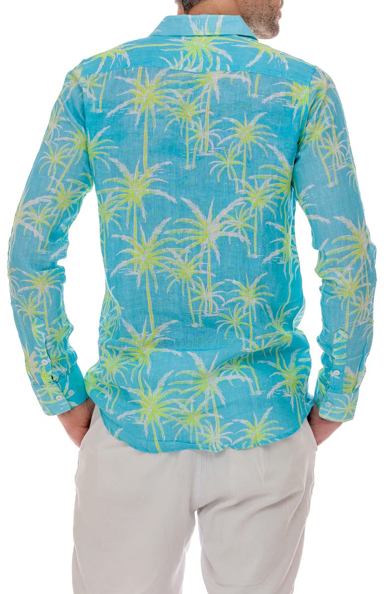 RANEES Palm Linen Button-Up Shirt, Alternate, color, Blue