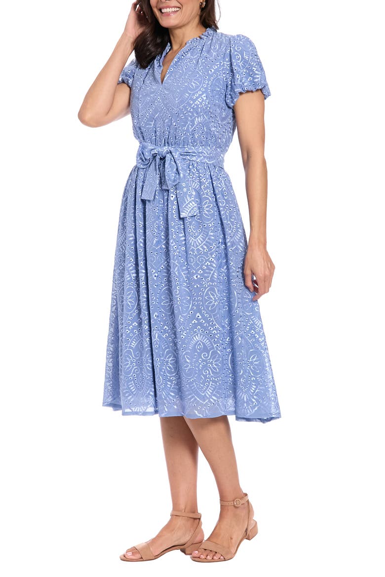 Eyelet Ruffle Neck Puff Sleeve Fit & Flare Dress, Alternate, color, ENGLISH MANOR