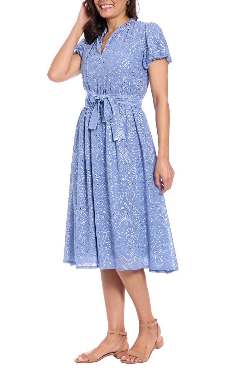 London Times Eyelet Ruffle Neck Puff Sleeve Fit & Flare Dress, Alternate, color, English Manor