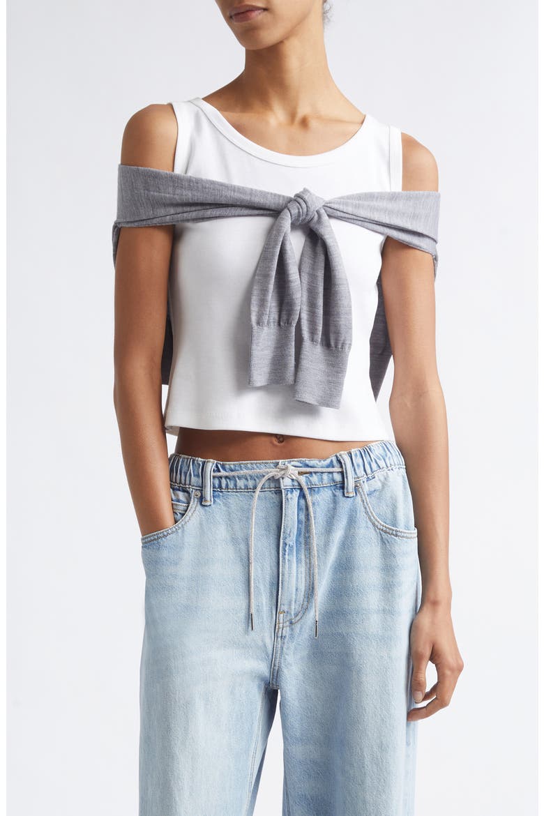 Pre-Styled Draped Cardigan Crop Tank, Main, color, HEATHER GREY/ WHITE