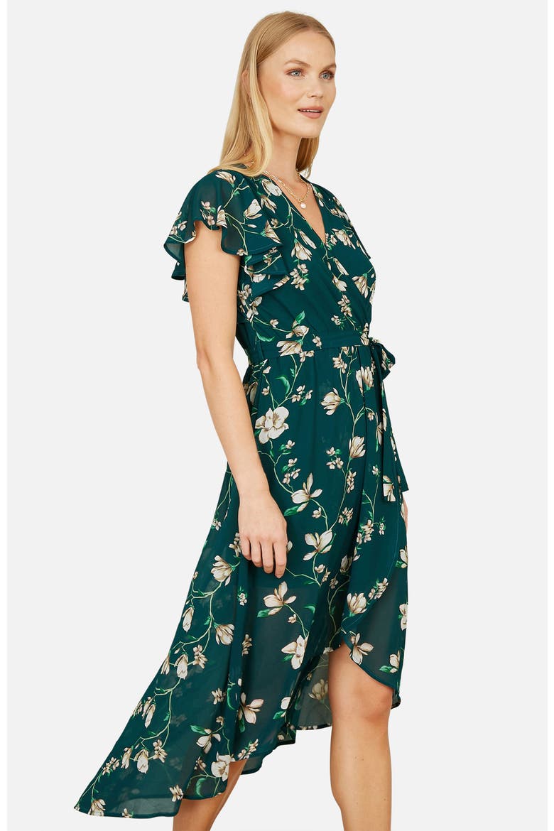 Floral Frill Hem Wrap Midi Dress, Alternate, color, Green