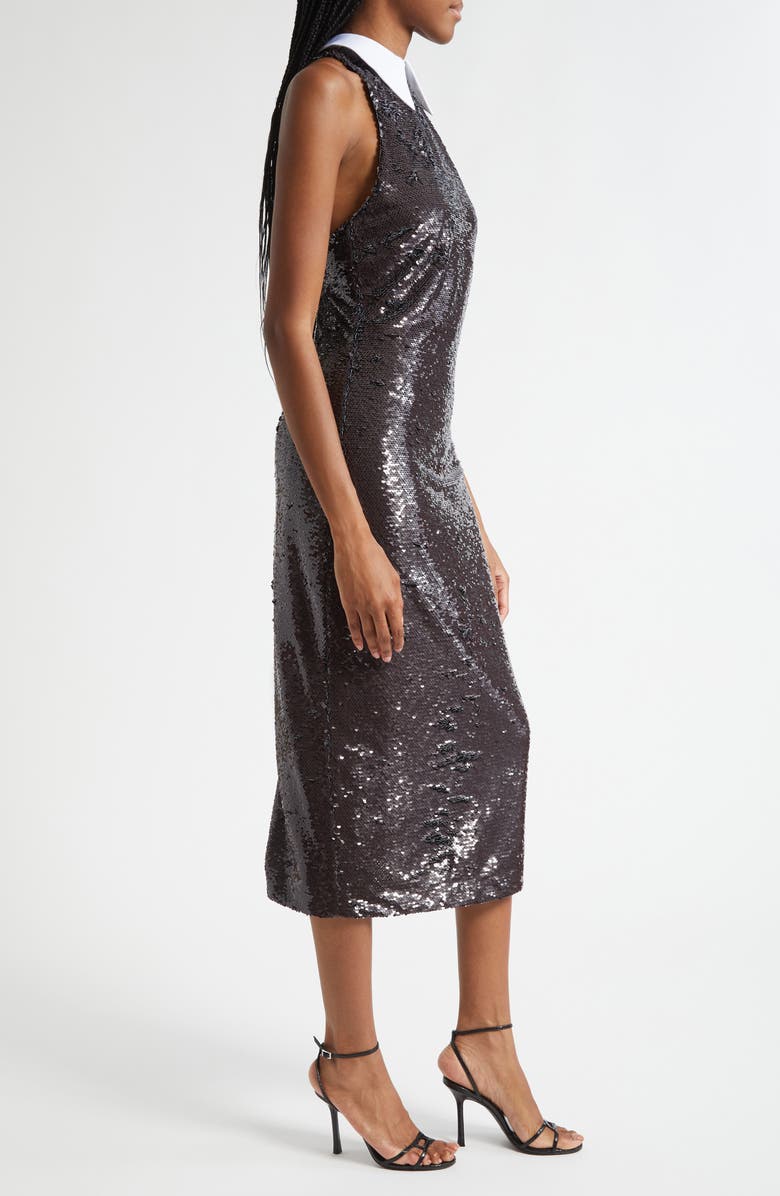 L'AGENCE Lilith Sequin Poplin Collar Sleeveless Midi Dress, Alternate, color, Black/ White Contrast