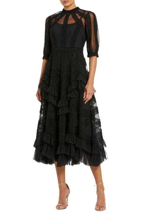 High Neck Puff Sleeve Ruffle Tiered Dress