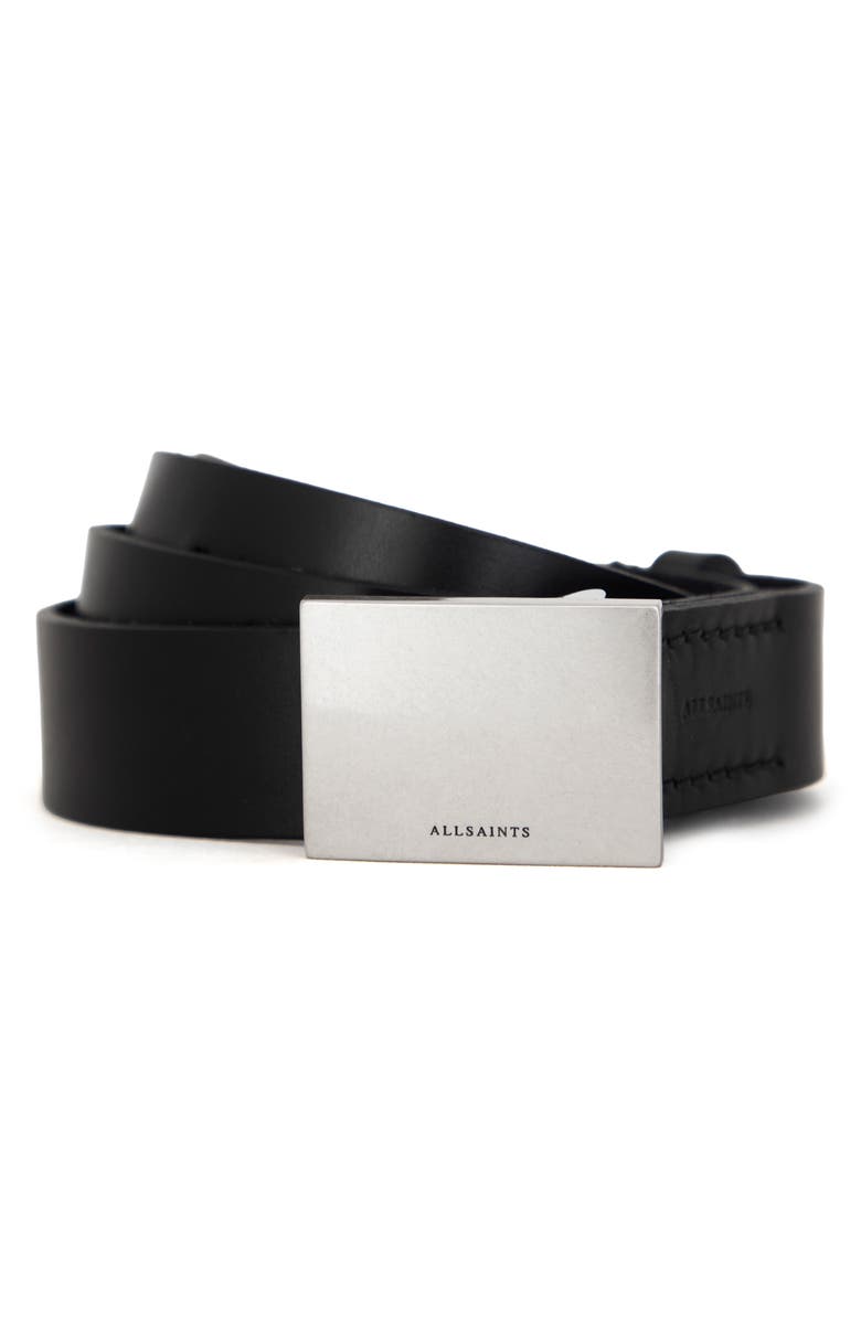 AllSaints Lucas Plate Buckle Leather Belt, Main, color, Black