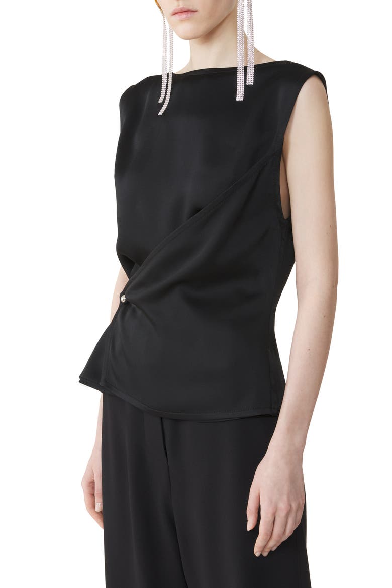 Sleeveless Button-Down Top In Satin, Alternate, color, Black