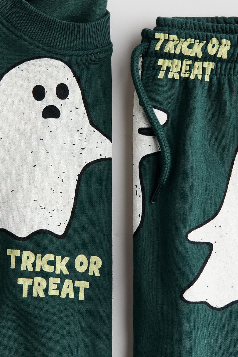 2-Piece Printed Sweatshirt And Joggers Set, Alternate, color, Dark green/ghosts