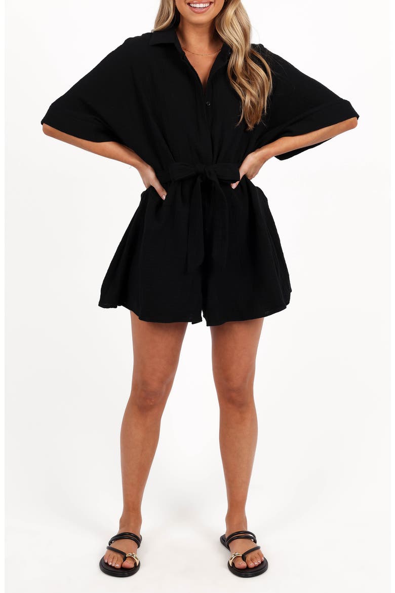 Jemmy Tie Waist Cotton Gauze Romper, Main, color, BLACK