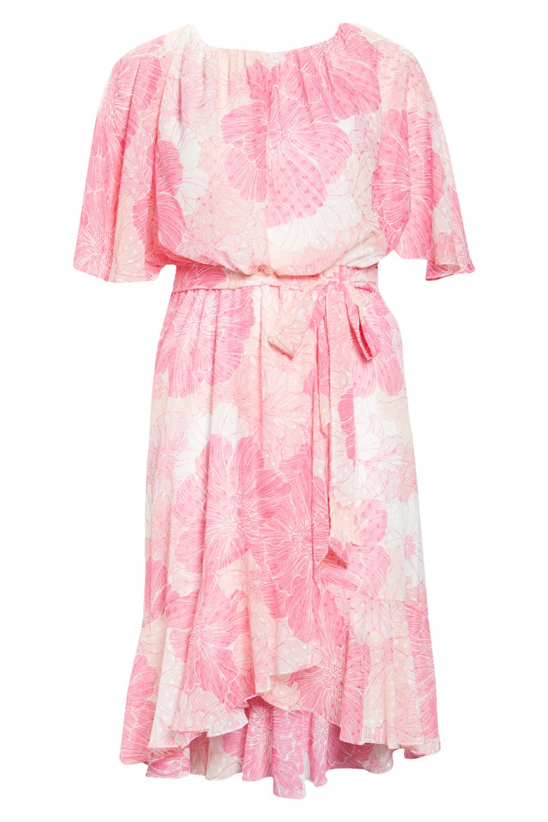 Floral Flutter Sleeve Clip Dot Chiffon Blouson Dress, Alternate, color, HOT PINK/ IVORY