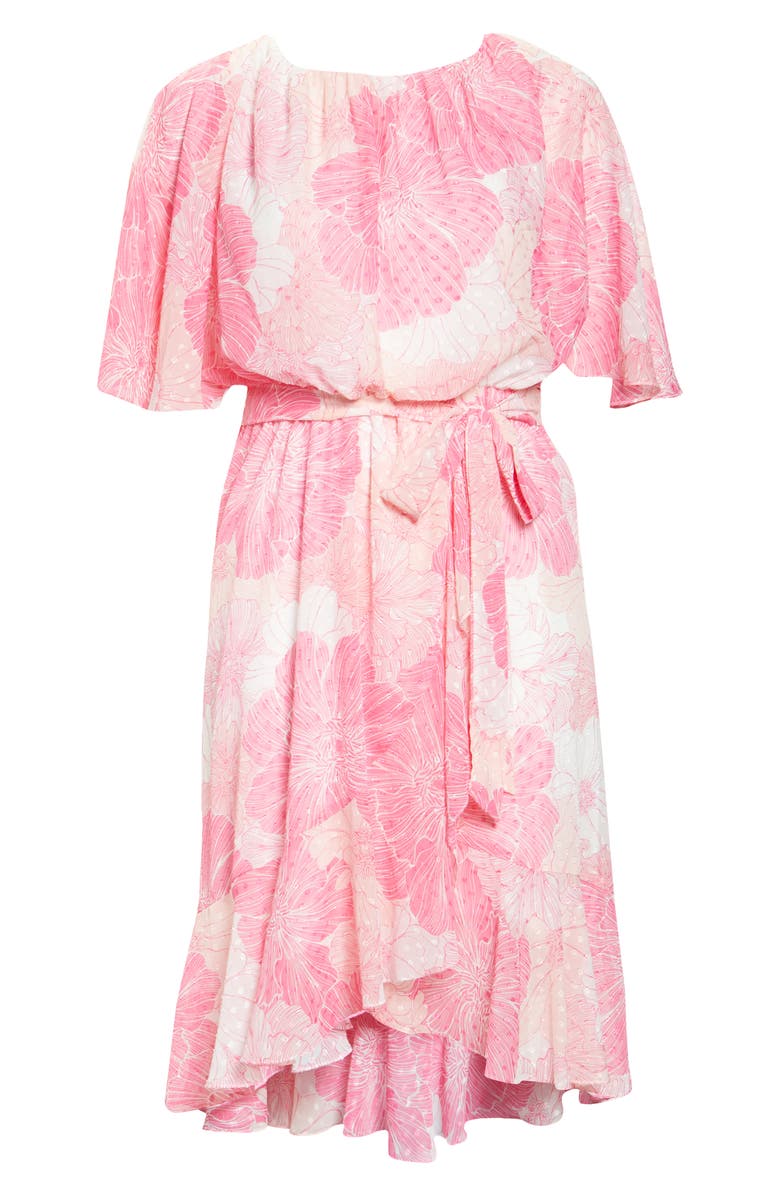 Maison Tara Floral Flutter Sleeve Clip Dot Chiffon Blouson Dress, Alternate, color, 