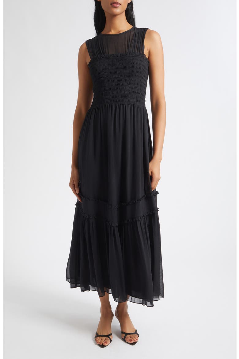 Mila Smocked Silk Midi Dress, Main, color, BLACK