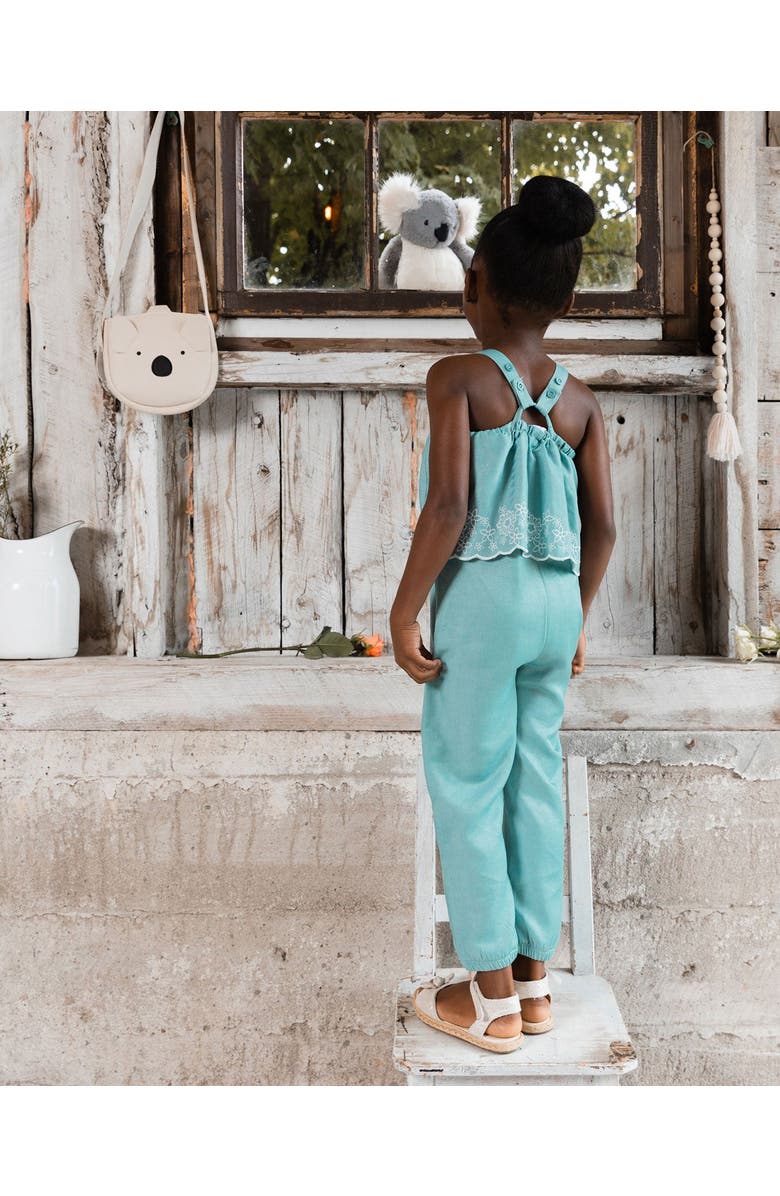 Deux par Deux Little Girl's Chambray Jumpsuit With Embroidery Light Blue, Alternate, color, Light Blue