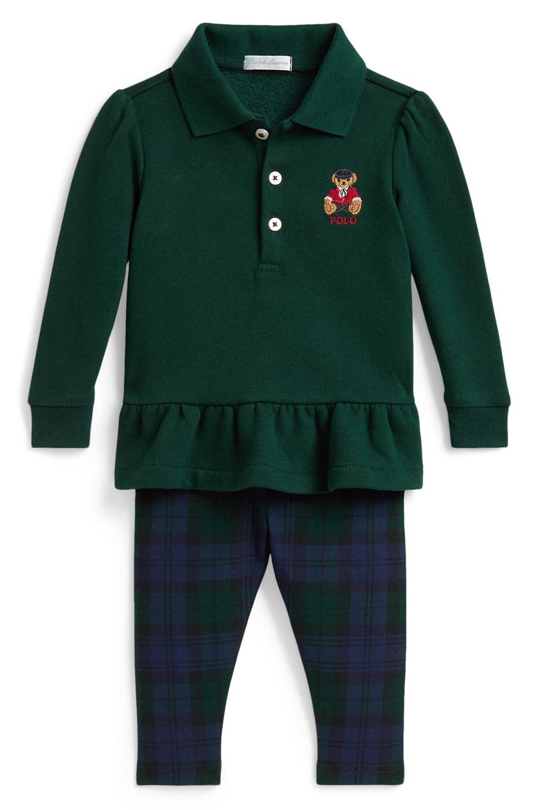 Kids' Polo Bear Peplum Top & Plaid Leggings Set, Main, color, MOSS AGATE