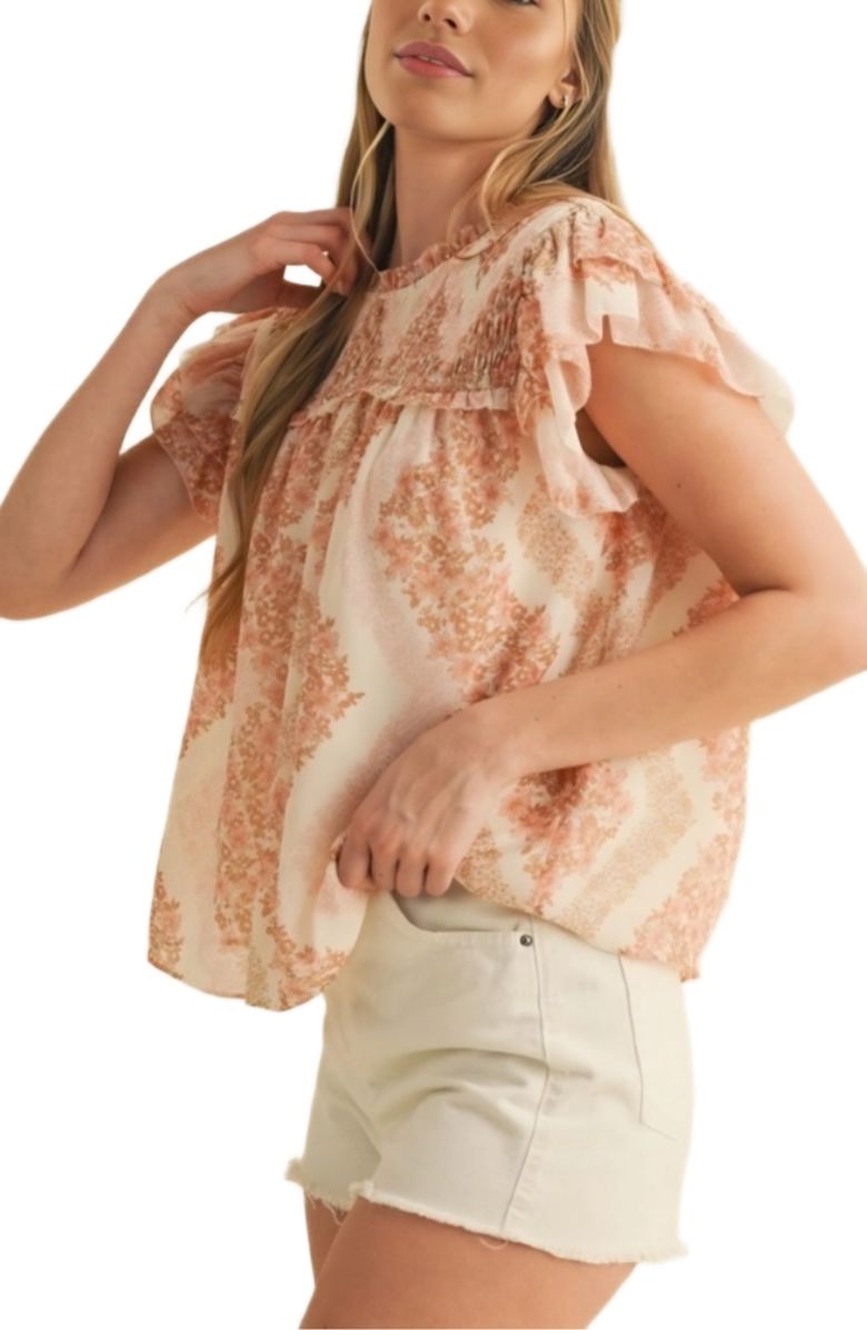 Knit and Lounge Smocked Ruffle Sleeve Lightweight Relaxed Fit Top, Alternate, color, Soft Pink Floral