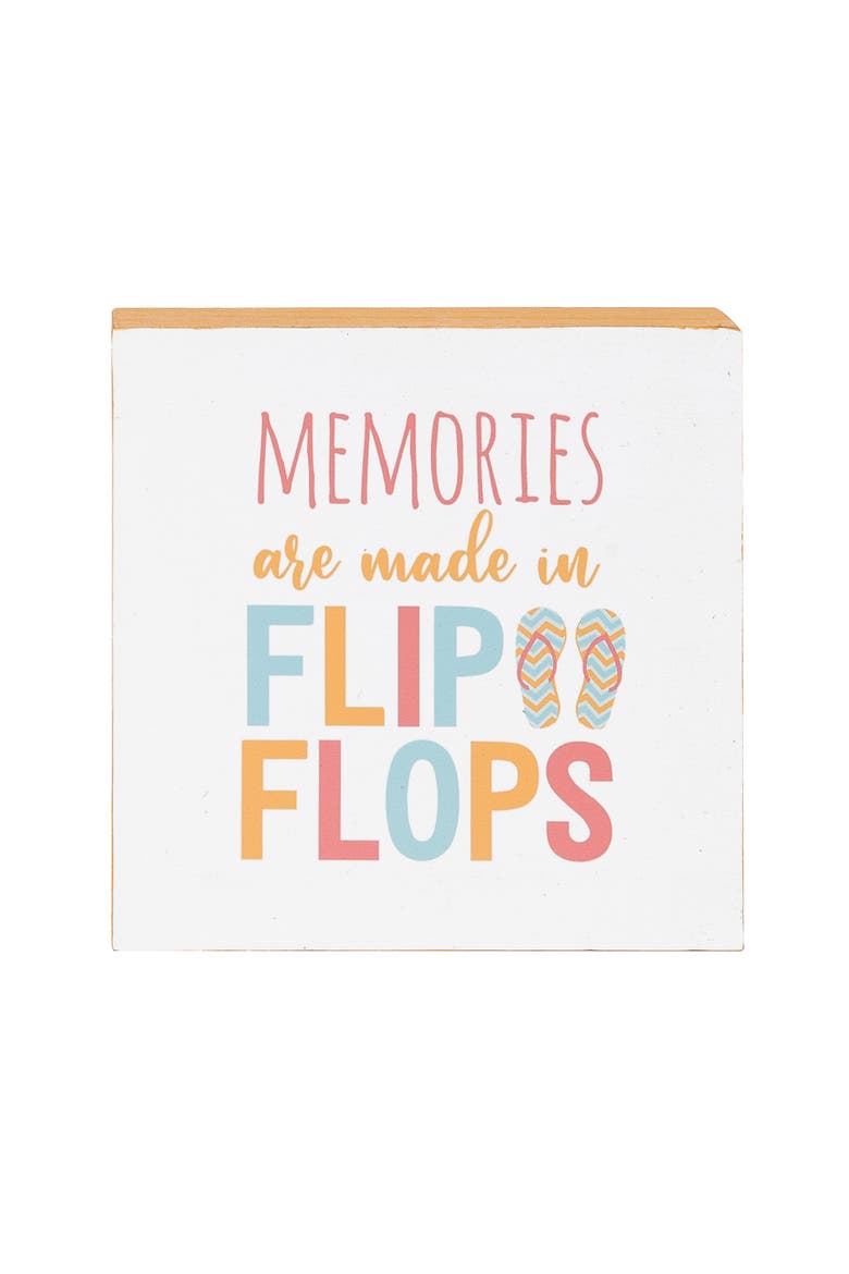 "Memories Are Mae In Flip Flops" Single Shelf Sitter Block 4.75", Main, color, White
