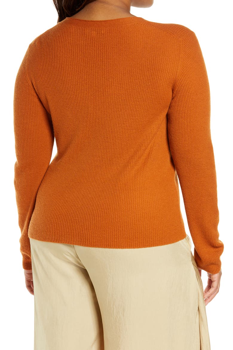 V-Neck Ribbed Cashmere Sweater, Alternate, color, DARK GINGER