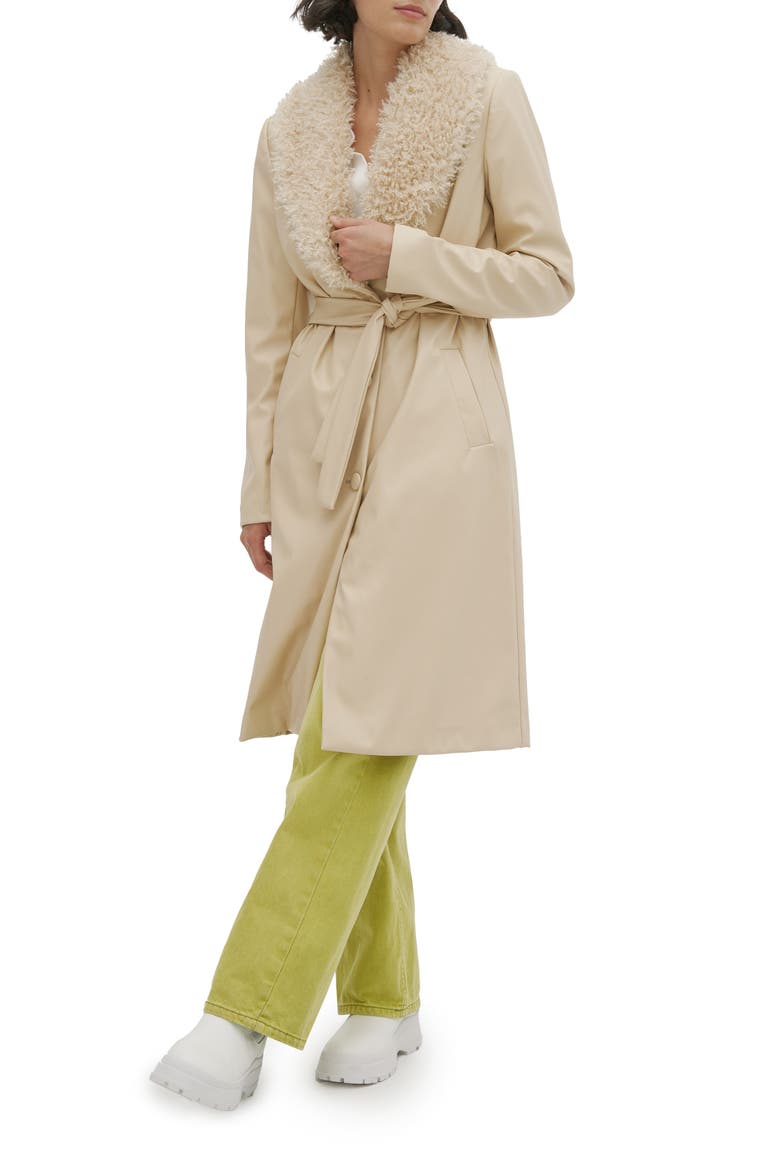 Tezza Faux Leather Trench with Faux Shearling Collar, Main, color, SAND