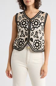 Forgotten Grace Floral Embroidered Open Knit Button Tank