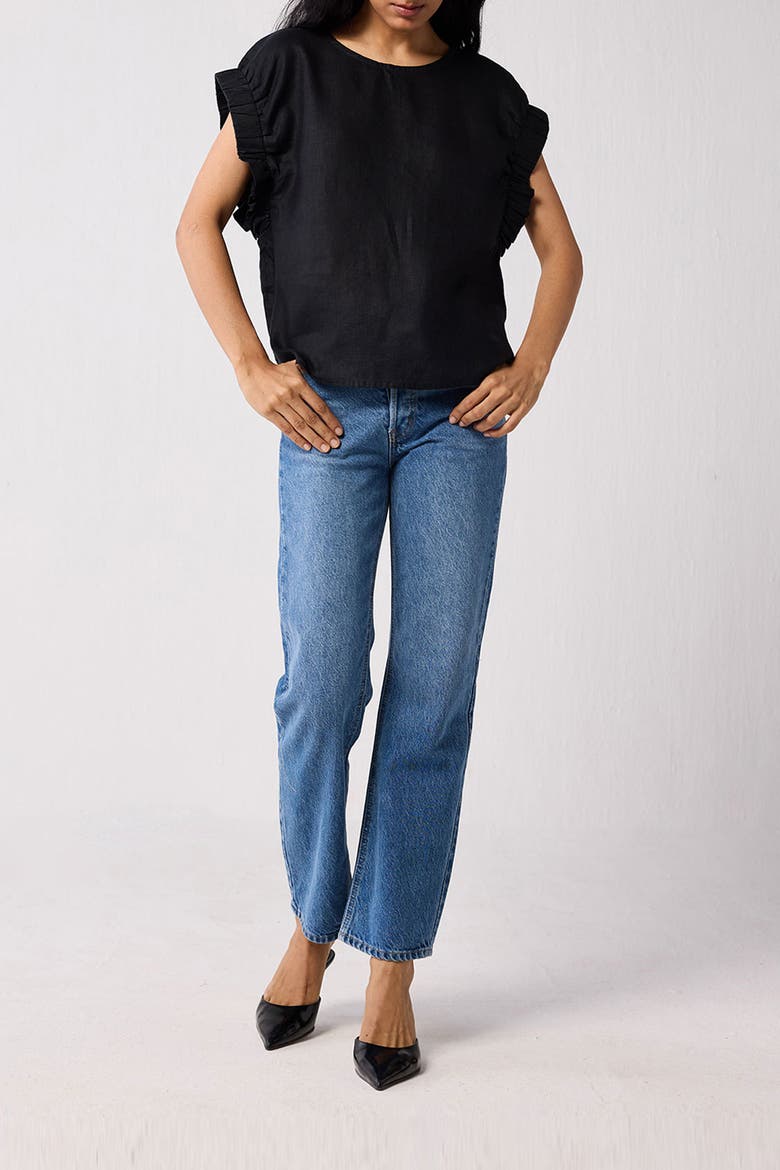 Top with Gathered Sleeve Detail, Main, color, Black