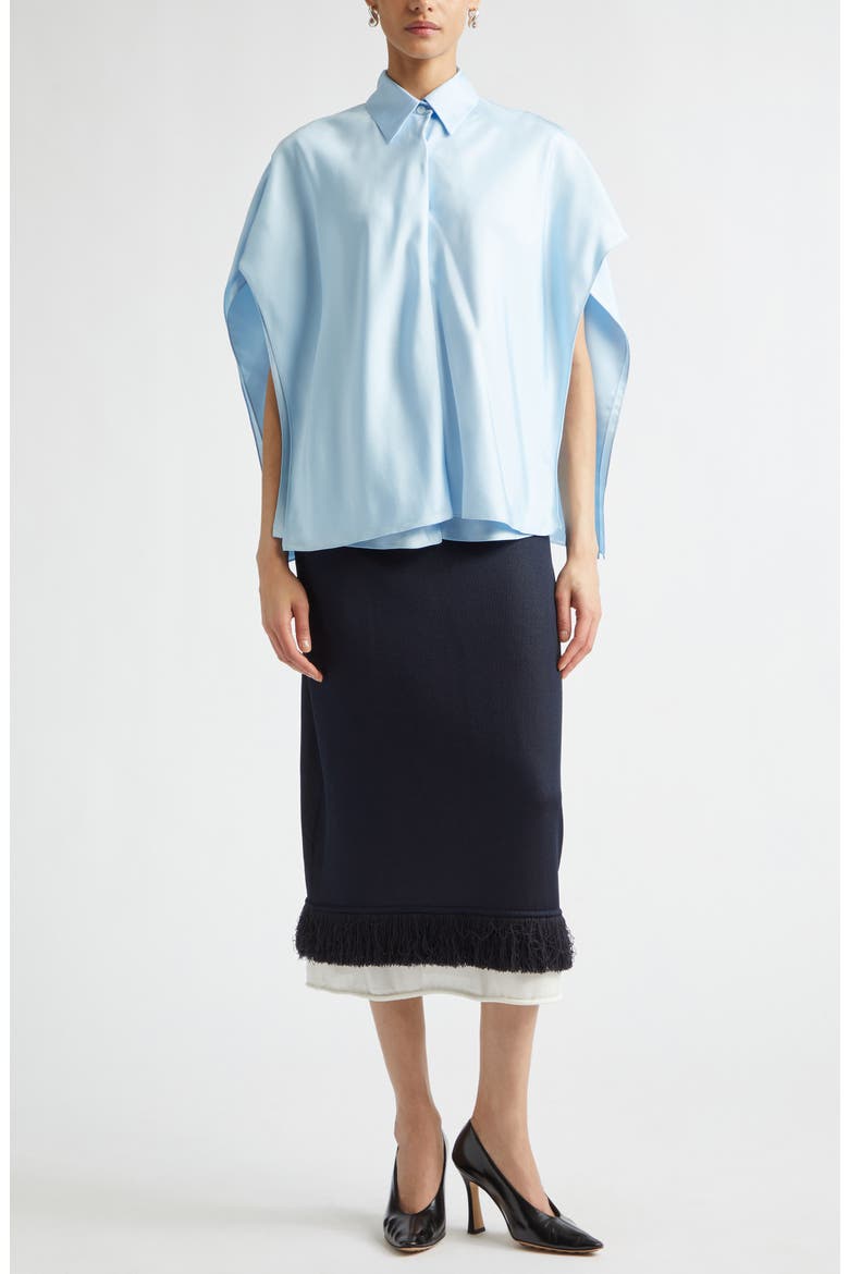 Layered Short Sleeve Silk Twill Button-Up Shirt, Alternate, color, 4052 OXFORD BLUE