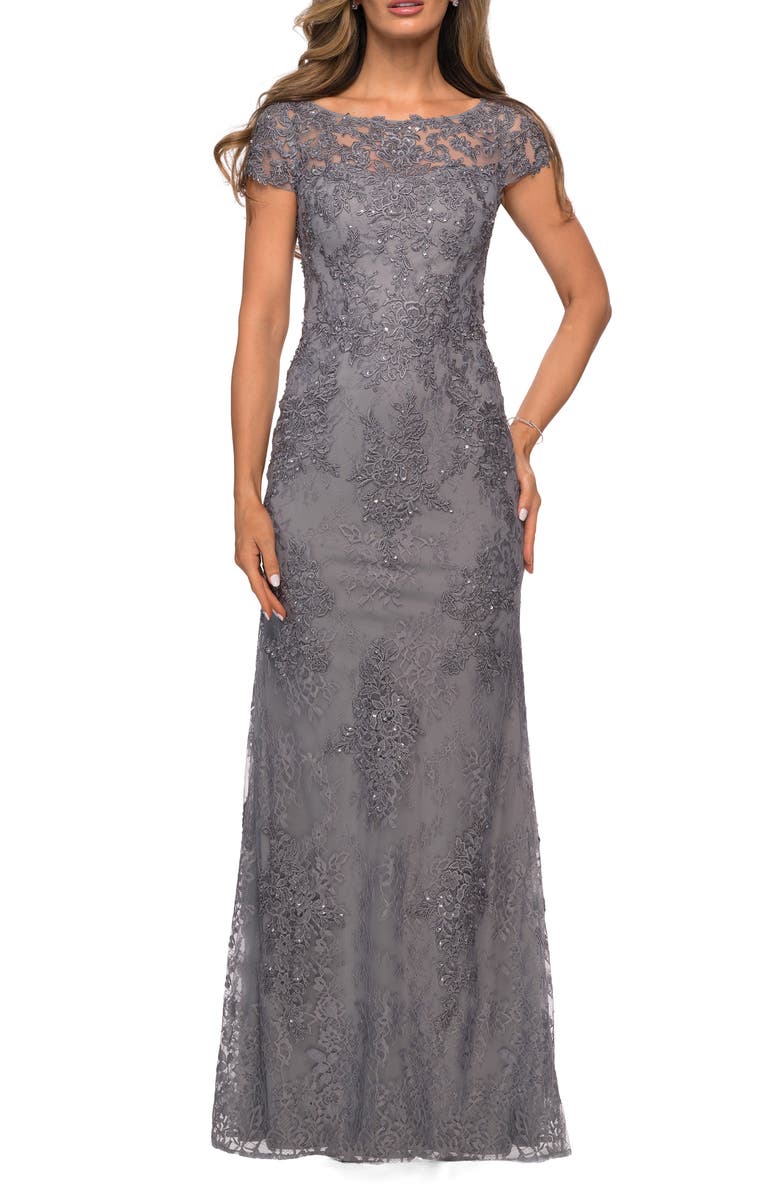 La Femme Sequin Floral Lace Cap Sleeve Sheath Gown, Main, color,