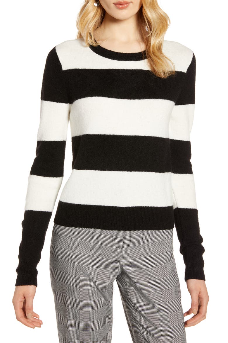 Crewneck Sweater, Main, color, BLACK- IVORY STRIPE